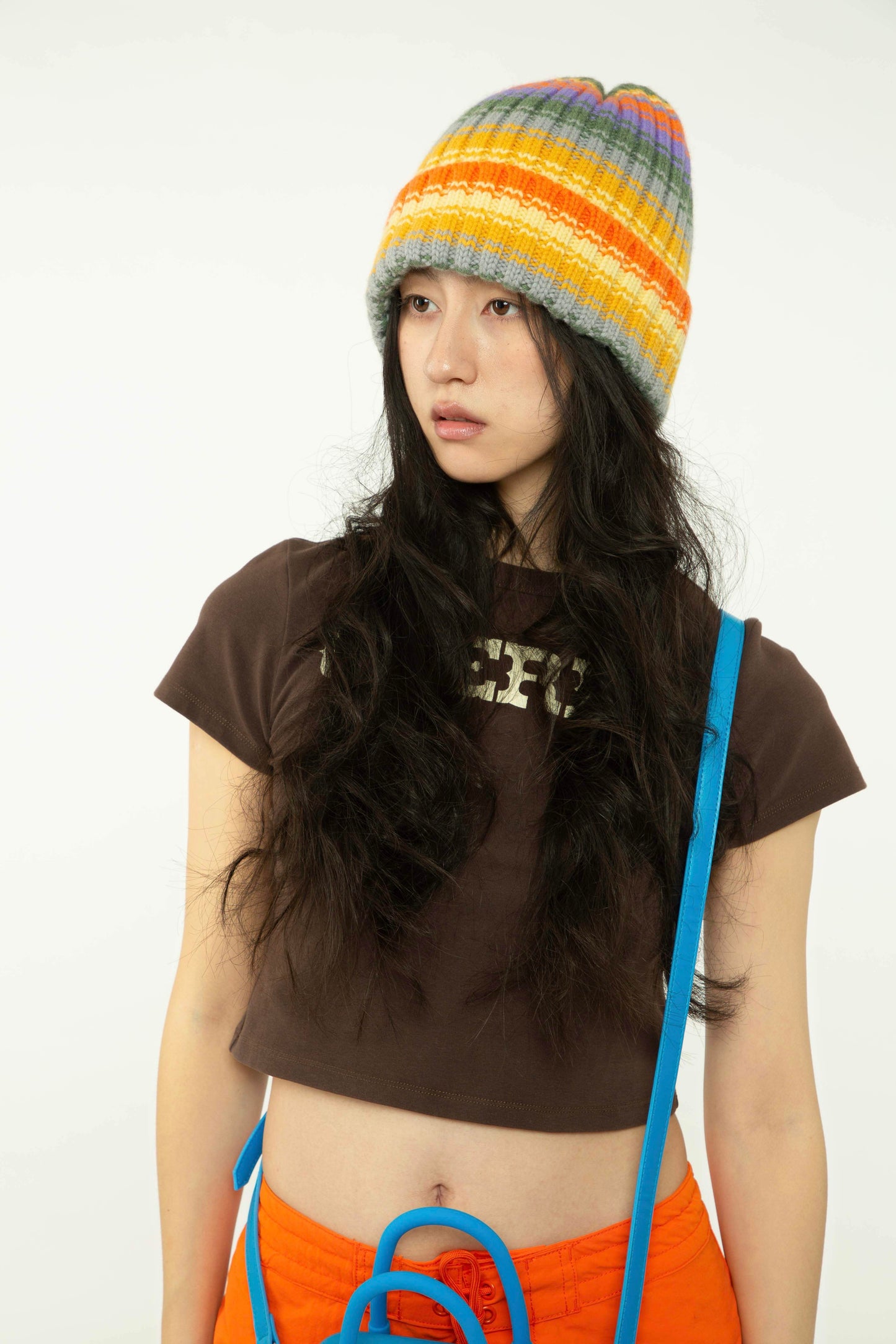 Wool Ribbed Rainbow Stripes Beanie Hat