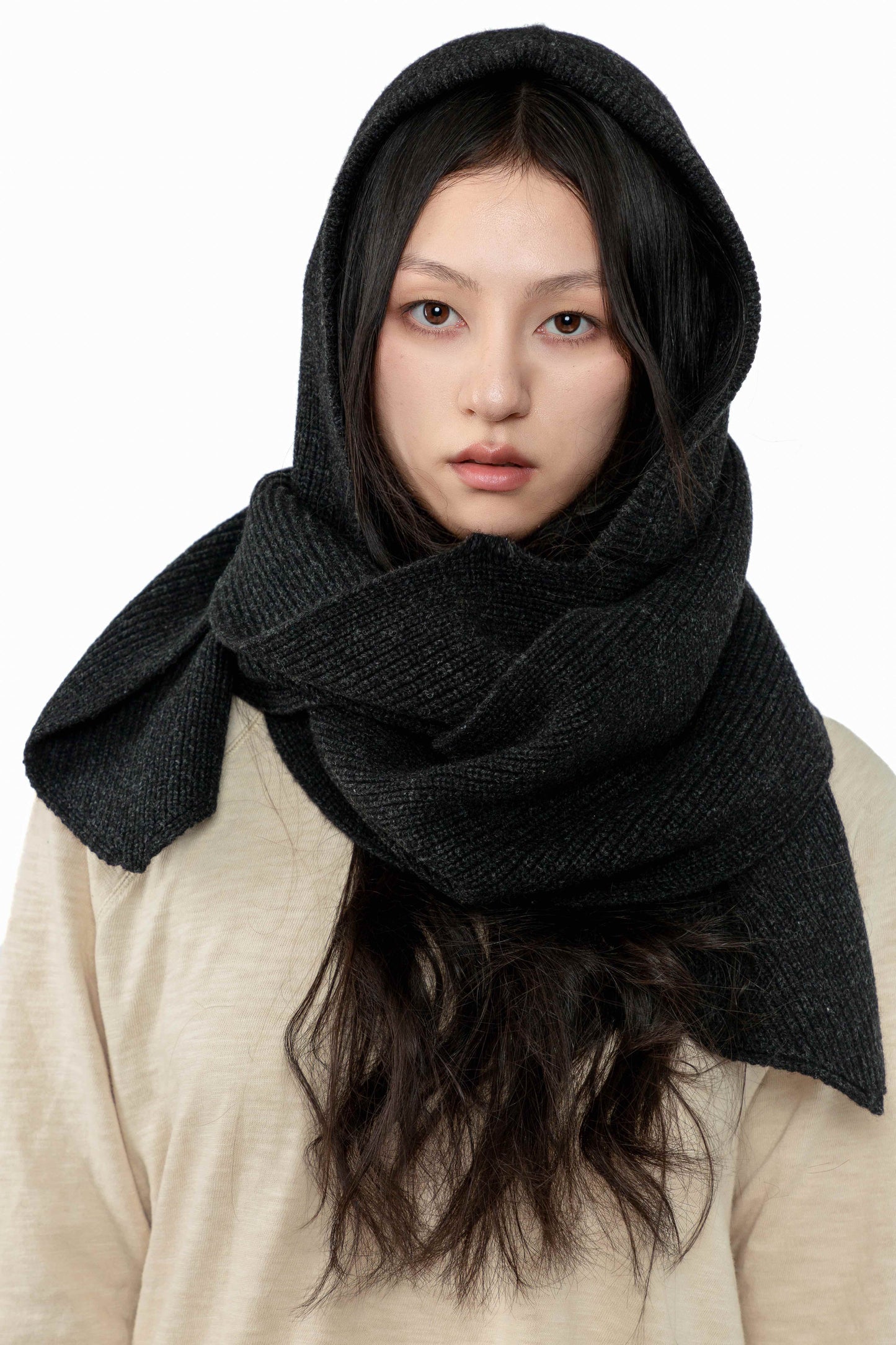 Yak Wool Ribbed Hooded Scarf Charcoal