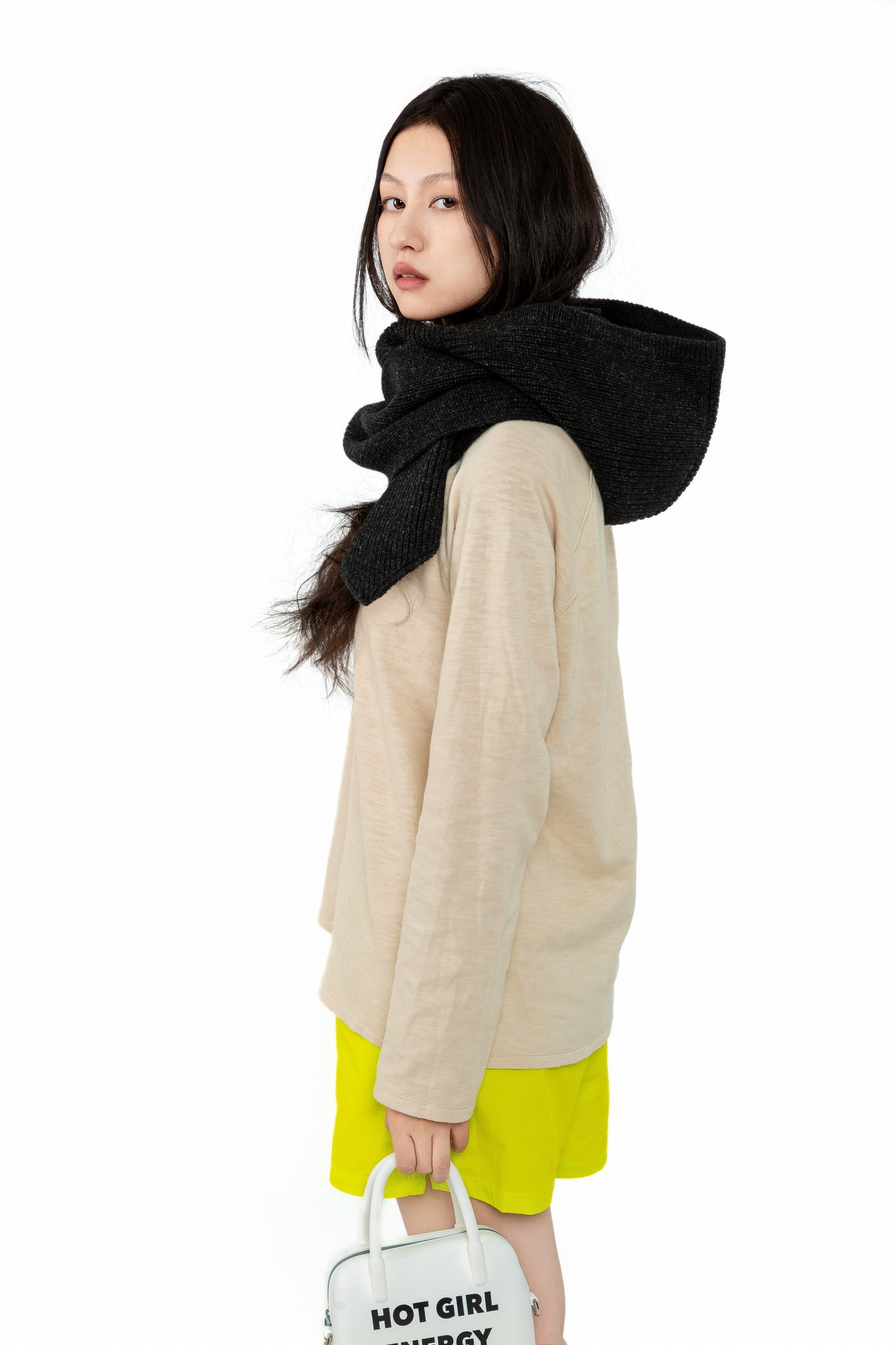 Yak Wool Ribbed Hooded Scarf Charcoal