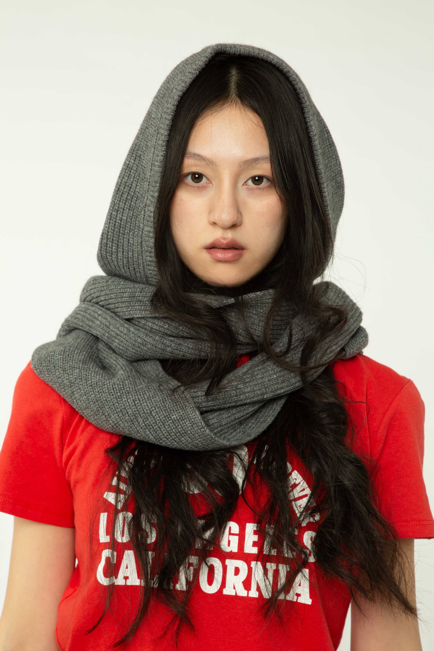 Yak Wool Ribbed Hooded Scarf Gray