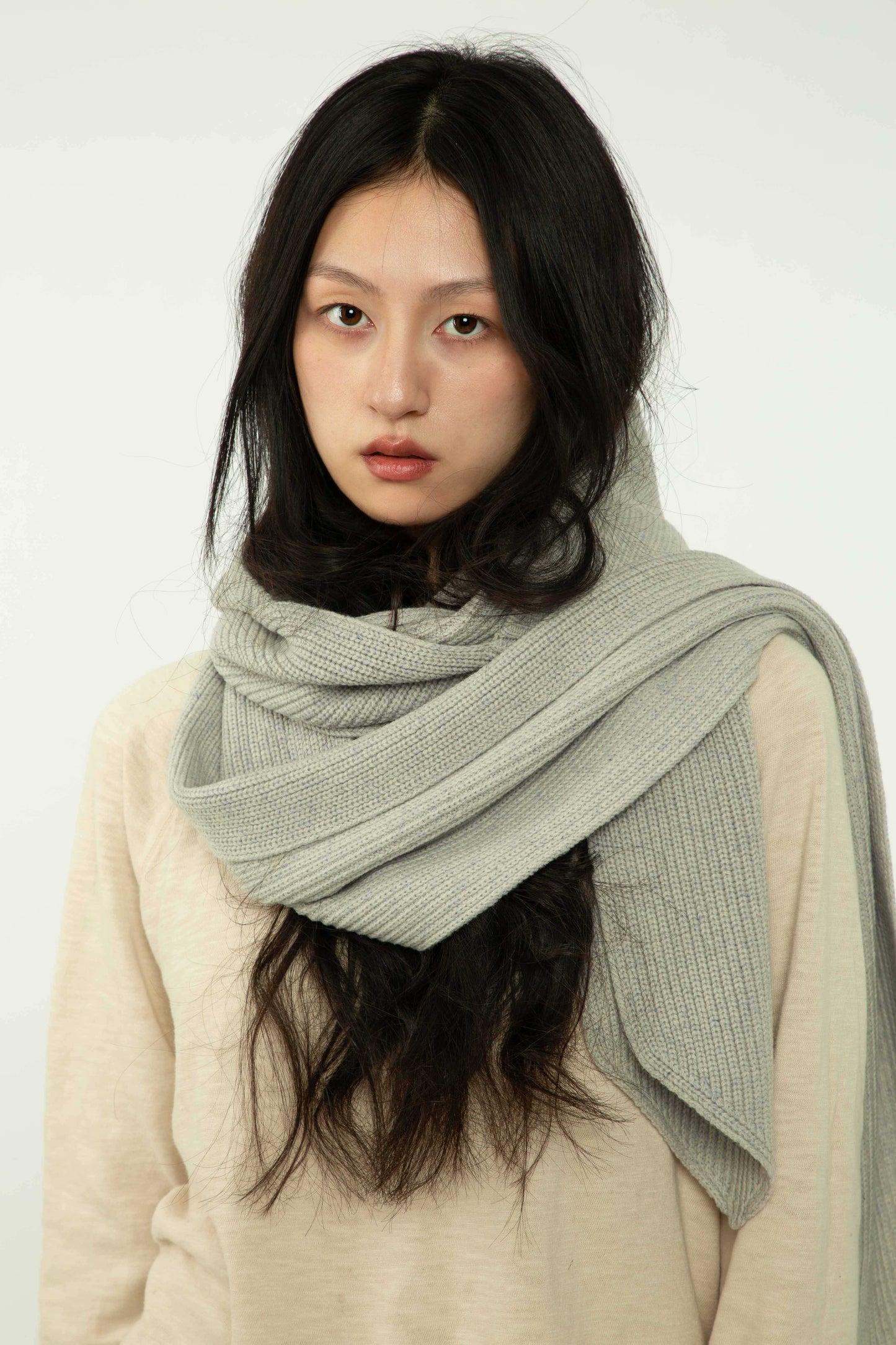 Yak Wool Ribbed Hooded Scarf Light Gray