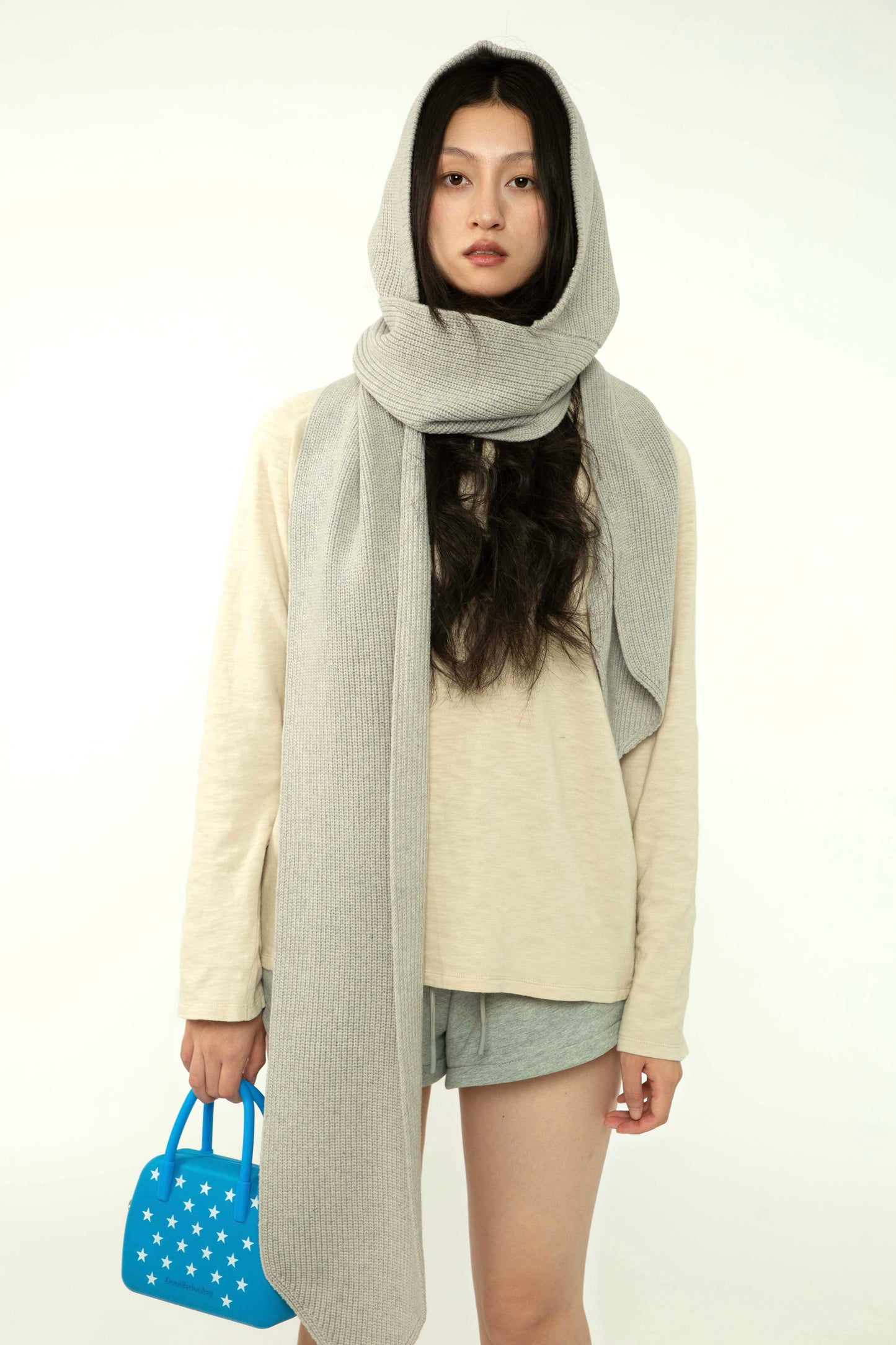 Yak Wool Ribbed Hooded Scarf Light Gray