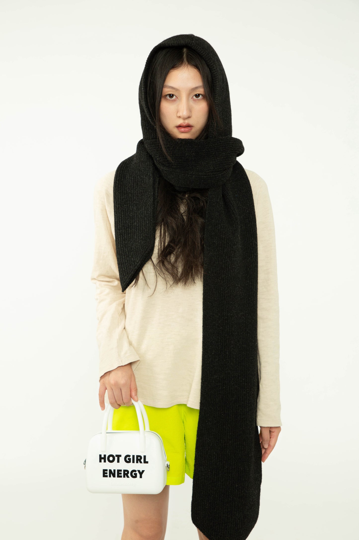 Yak Wool Ribbed Hooded Scarf Charcoal