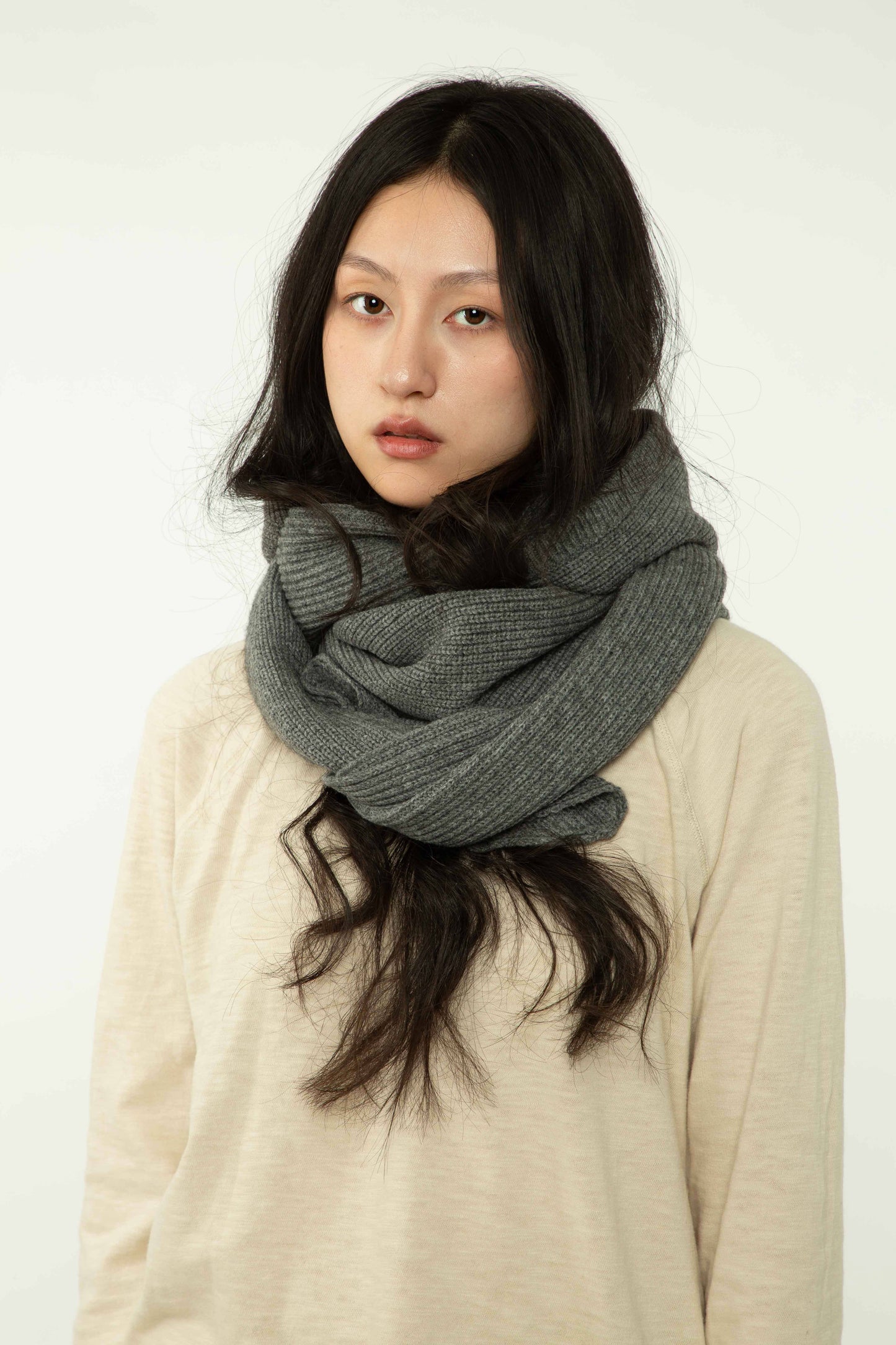 Yak Wool Ribbed Hooded Scarf Gray