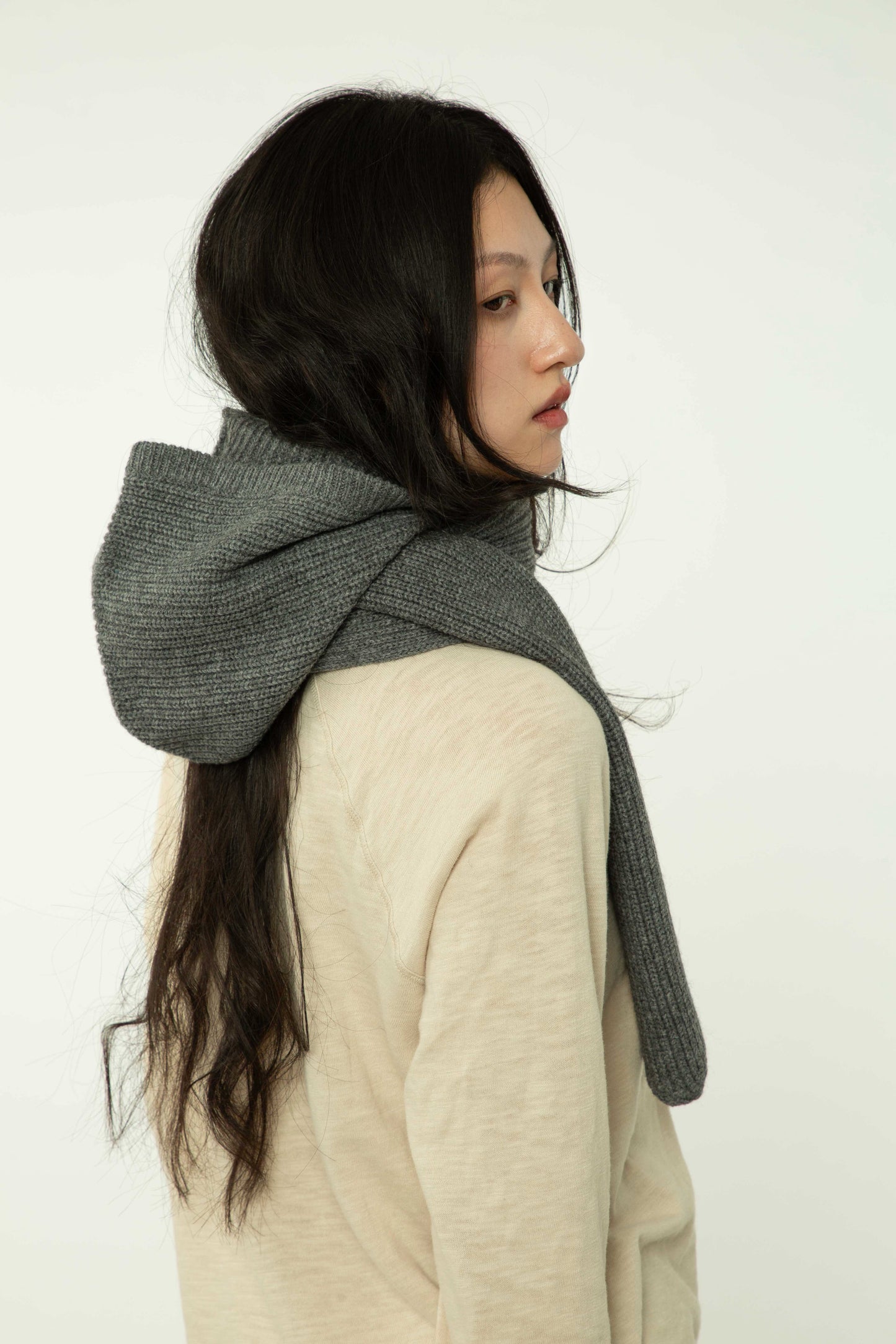 Yak Wool Ribbed Hooded Scarf Gray